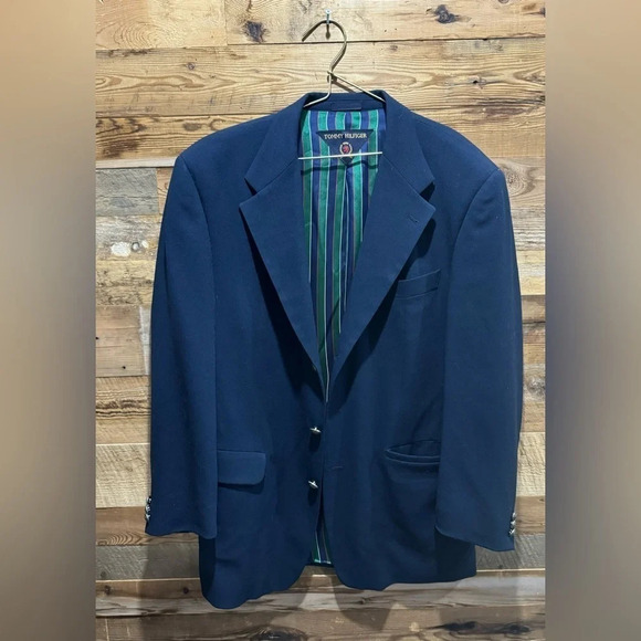 Vintage Tommy Hilfiger 💯 Wool Blazer 90s Navy Wool green lined unisex 40R rare - Picture 1 of 6
